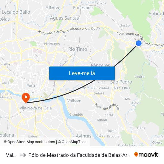 Valongo to Pólo de Mestrado da Faculdade de Belas-Artes da Universidade do Porto map