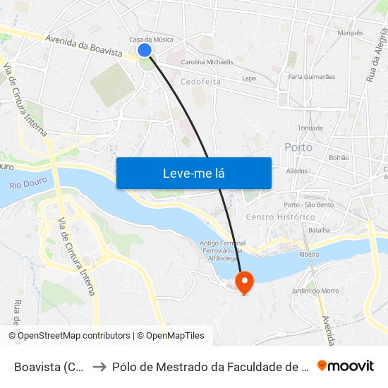 Boavista (Casa da Música) to Pólo de Mestrado da Faculdade de Belas-Artes da Universidade do Porto map