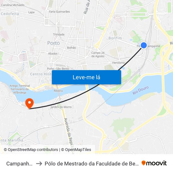 Campanhã (Estação) to Pólo de Mestrado da Faculdade de Belas-Artes da Universidade do Porto map