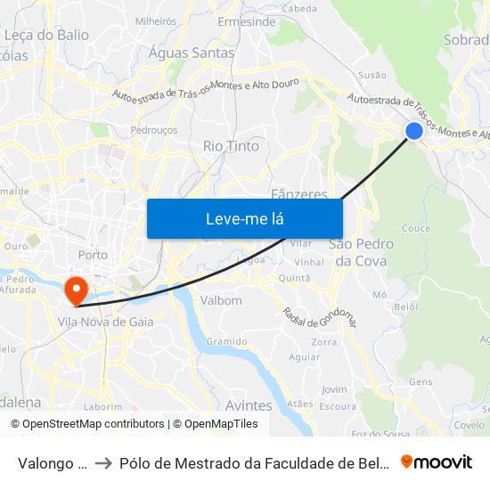 Valongo (Estação) to Pólo de Mestrado da Faculdade de Belas-Artes da Universidade do Porto map