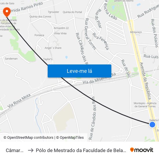 Câmara de Gaia to Pólo de Mestrado da Faculdade de Belas-Artes da Universidade do Porto map