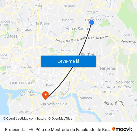 Ermesinde (Estação) to Pólo de Mestrado da Faculdade de Belas-Artes da Universidade do Porto map