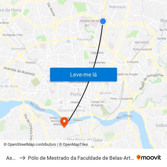 Asprela to Pólo de Mestrado da Faculdade de Belas-Artes da Universidade do Porto map