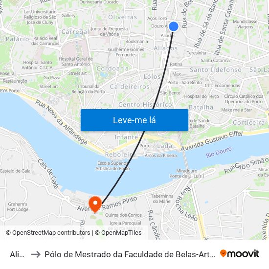 Aliados to Pólo de Mestrado da Faculdade de Belas-Artes da Universidade do Porto map