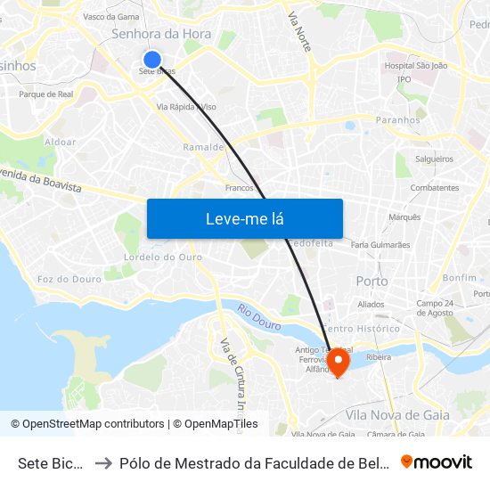 Sete Bicas (Metro) to Pólo de Mestrado da Faculdade de Belas-Artes da Universidade do Porto map