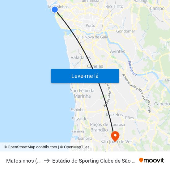 Matosinhos (Praia) to Estádio do Sporting Clube de São João de Ver map