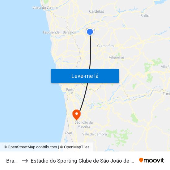 Braga to Estádio do Sporting Clube de São João de Ver map