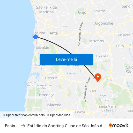 Espinho to Estádio do Sporting Clube de São João de Ver map