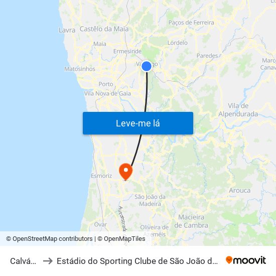 Calvário to Estádio do Sporting Clube de São João de Ver map