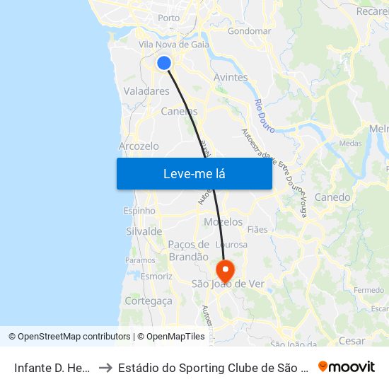 Infante D. Henrique to Estádio do Sporting Clube de São João de Ver map