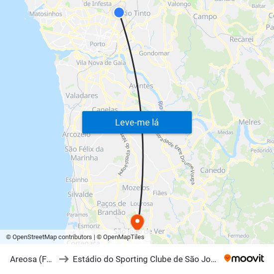 Areosa (Feira) to Estádio do Sporting Clube de São João de Ver map