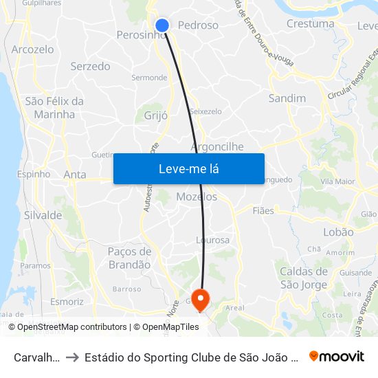 Carvalhos to Estádio do Sporting Clube de São João de Ver map