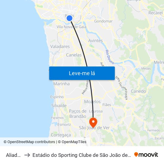 Aliados to Estádio do Sporting Clube de São João de Ver map