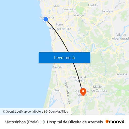 Matosinhos (Praia) to Hospital de Oliveira de Azeméis map
