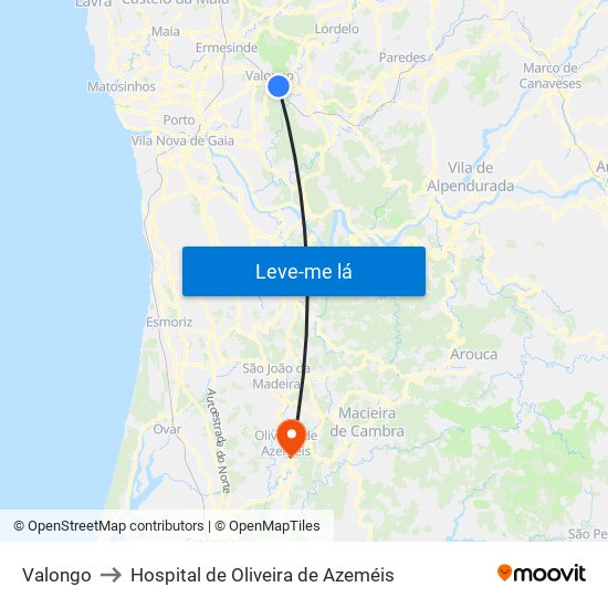 Valongo to Hospital de Oliveira de Azeméis map