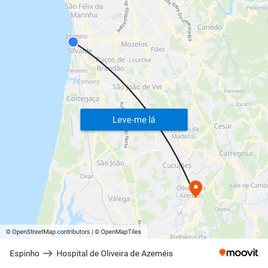 Espinho to Hospital de Oliveira de Azeméis map
