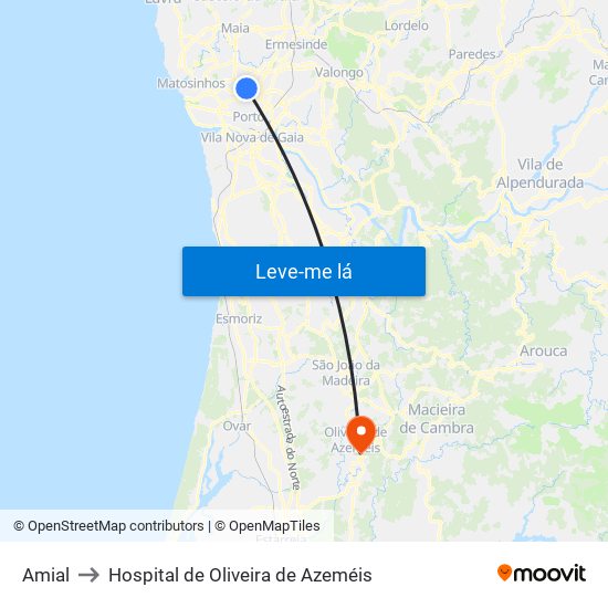Amial to Hospital de Oliveira de Azeméis map
