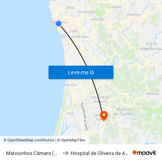 Matosinhos Câmara (Matc1) to Hospital de Oliveira de Azeméis map