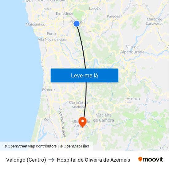 Valongo (Centro) to Hospital de Oliveira de Azeméis map