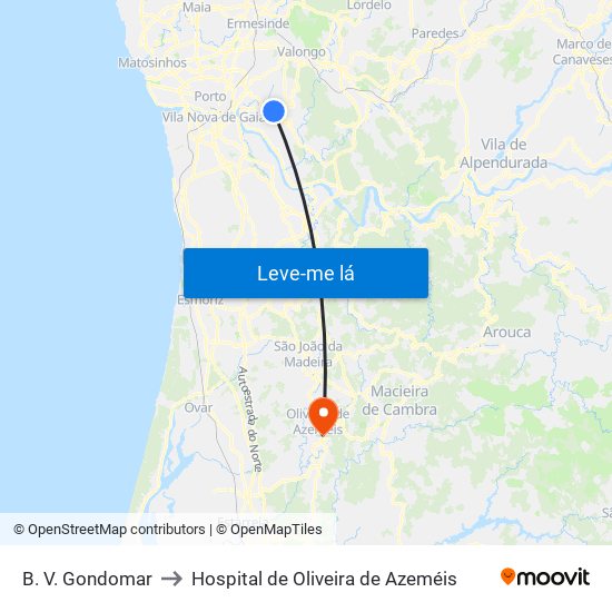 B. V. Gondomar to Hospital de Oliveira de Azeméis map