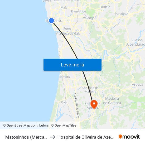 Matosinhos (Mercado) to Hospital de Oliveira de Azeméis map