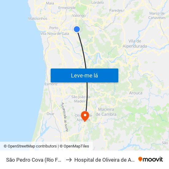 São Pedro Cova (Rio Ferreira) to Hospital de Oliveira de Azeméis map