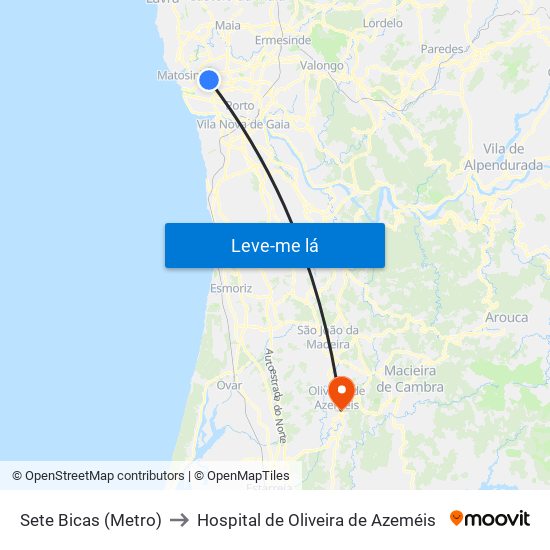Sete Bicas (Metro) to Hospital de Oliveira de Azeméis map