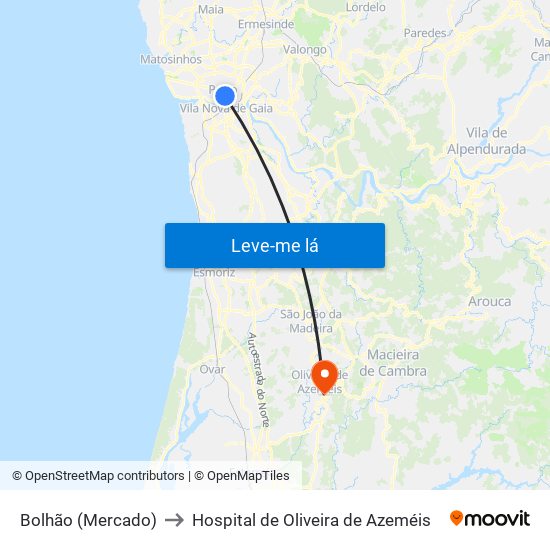 Bolhão (Mercado) to Hospital de Oliveira de Azeméis map