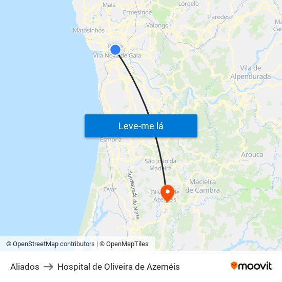 Aliados to Hospital de Oliveira de Azeméis map