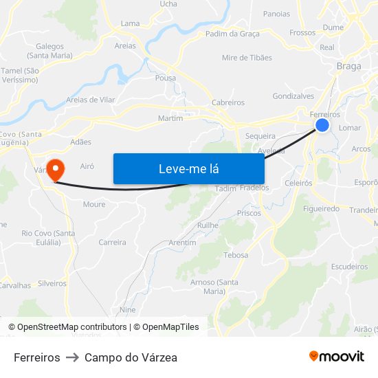 Ferreiros to Campo do Várzea map