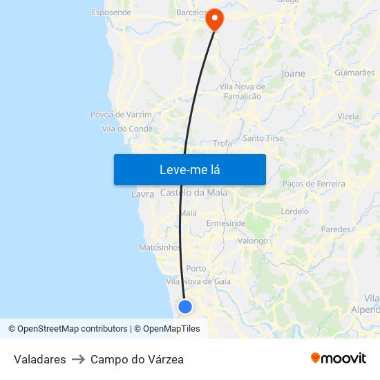 Valadares to Campo do Várzea map