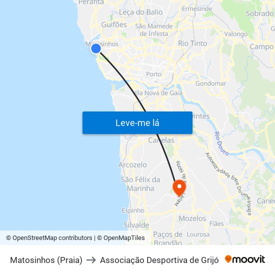 Matosinhos (Praia) to Associação Desportiva de Grijó map