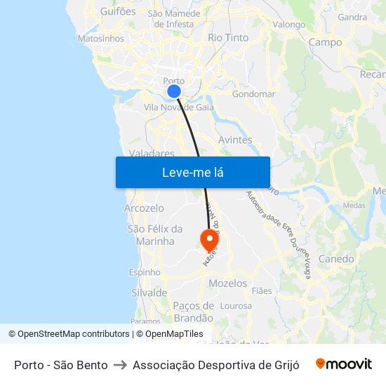 Porto - São Bento to Associação Desportiva de Grijó map