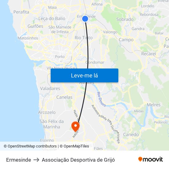Ermesinde to Associação Desportiva de Grijó map