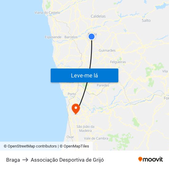 Braga to Associação Desportiva de Grijó map