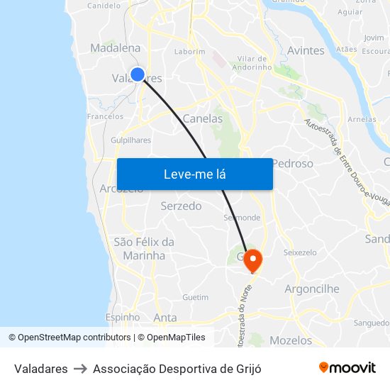 Valadares to Associação Desportiva de Grijó map