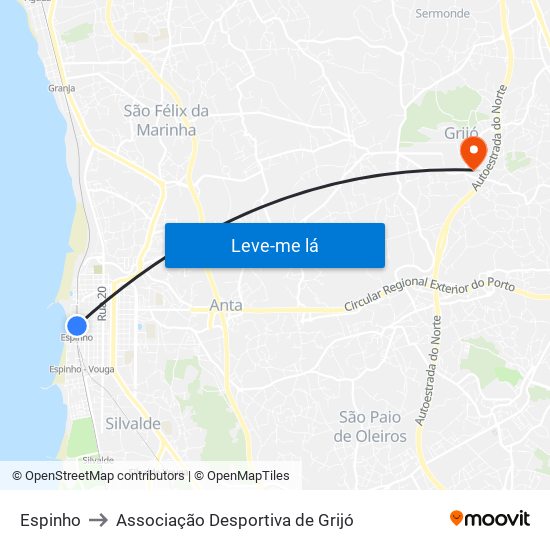 Espinho to Associação Desportiva de Grijó map