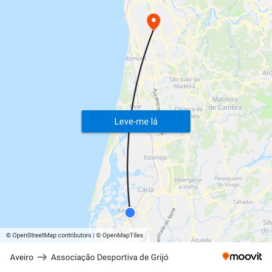 Aveiro to Associação Desportiva de Grijó map