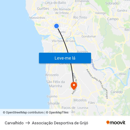 Carvalhido to Associação Desportiva de Grijó map