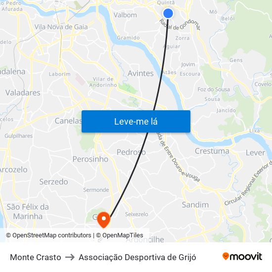 Monte Crasto to Associação Desportiva de Grijó map