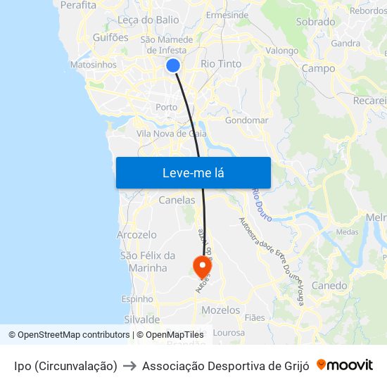 Ipo (Circunvalação) to Associação Desportiva de Grijó map