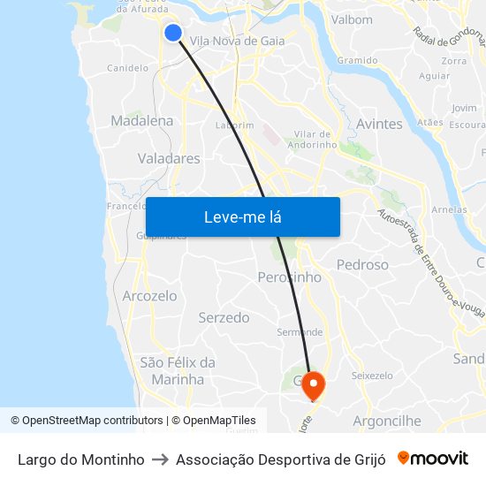 Largo do Montinho to Associação Desportiva de Grijó map