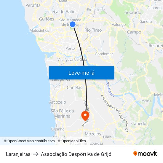 Laranjeiras to Associação Desportiva de Grijó map