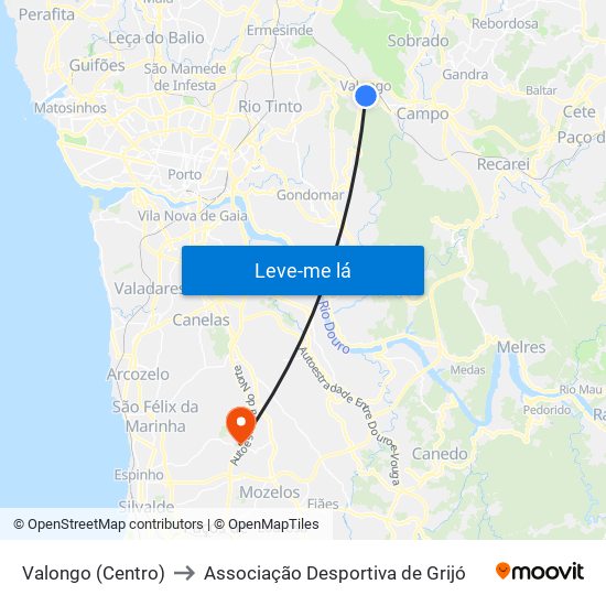 Valongo (Centro) to Associação Desportiva de Grijó map