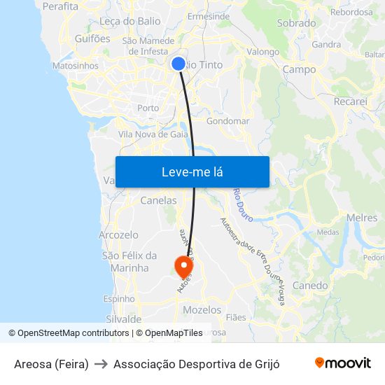 Areosa (Feira) to Associação Desportiva de Grijó map