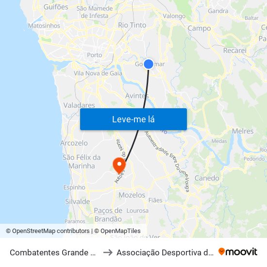 Combatentes Grande Guerra to Associação Desportiva de Grijó map