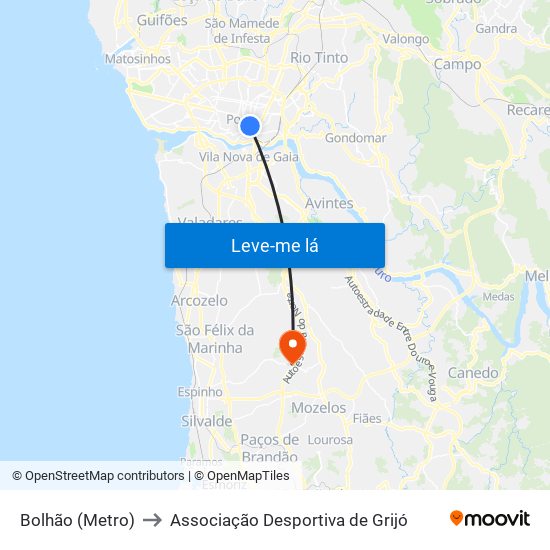 Bolhão (Metro) to Associação Desportiva de Grijó map