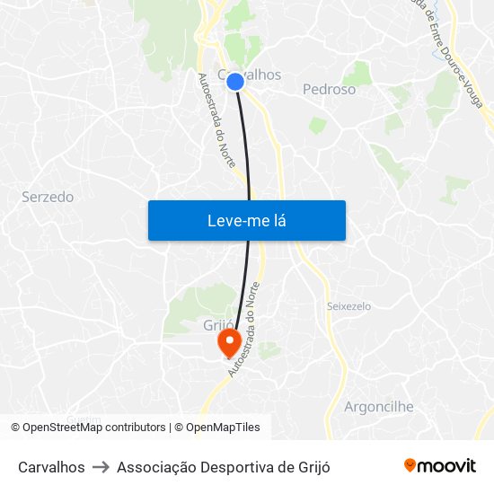 Carvalhos to Associação Desportiva de Grijó map