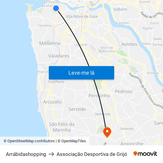 Arrábidashopping to Associação Desportiva de Grijó map