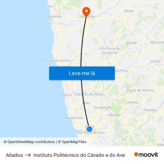 Aliados to Instituto Politécnico do Cávado e do Ave map